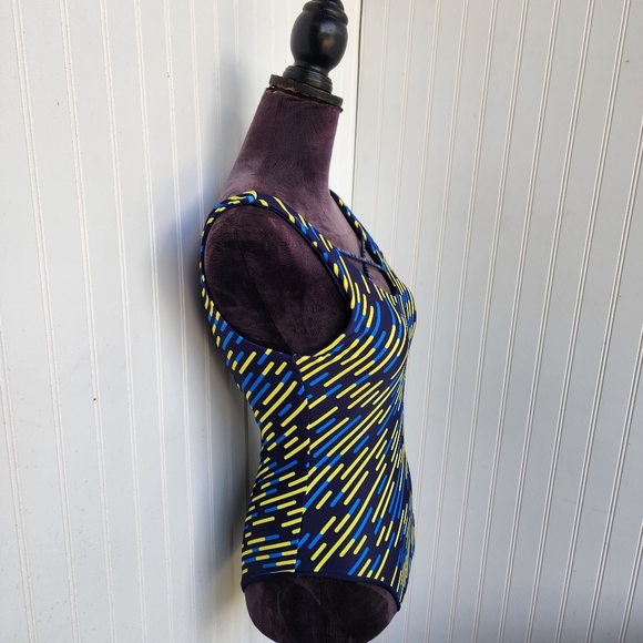 NWOT One Piece Swimsuit Navy Yellow Geo Scoop Neck Strappy Straps Lined Cups M - Picture 4 of 15
